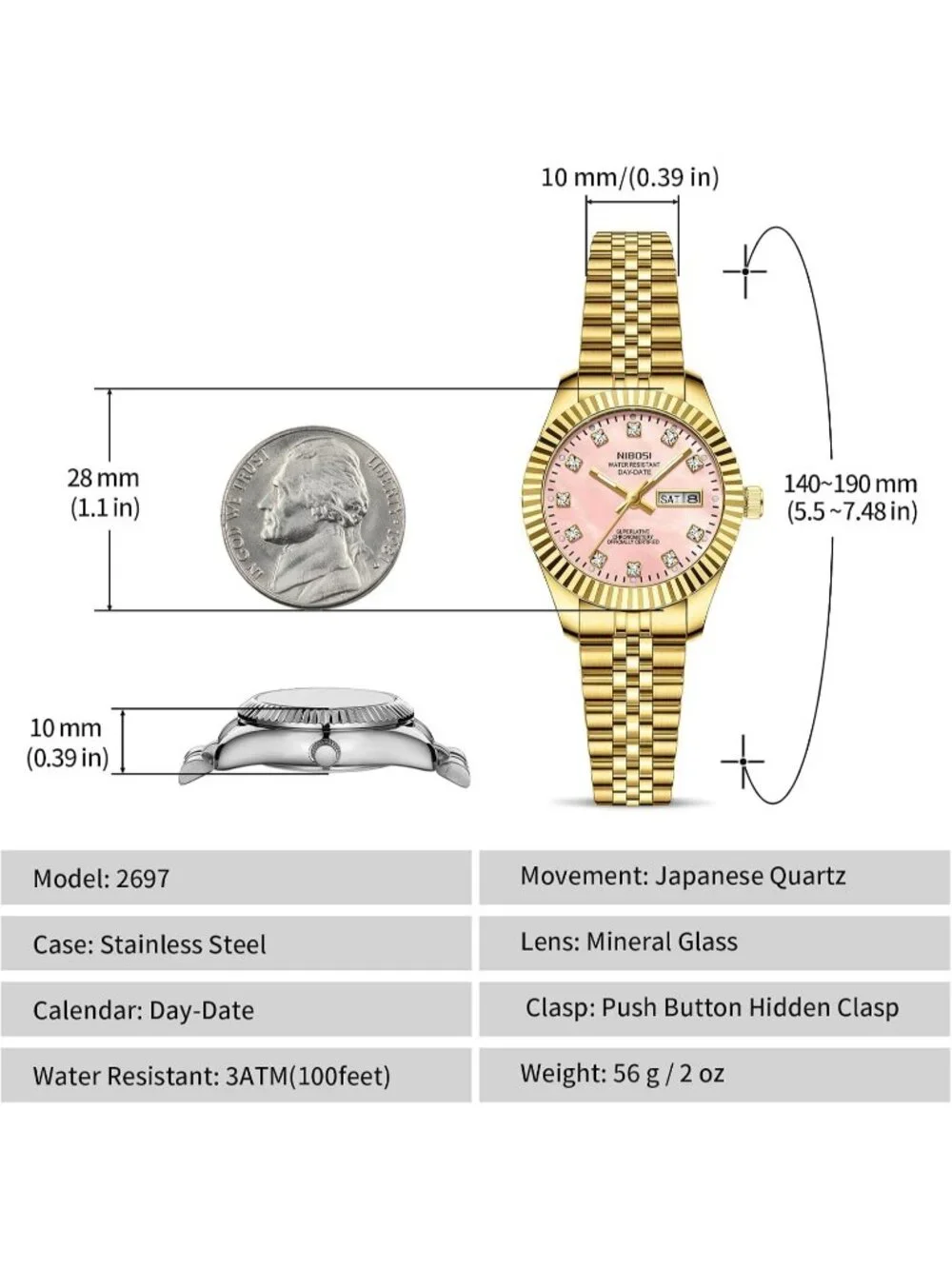 Women's Gold Pink Waterproof Luminous, Dainty Luxury Diamond Dial Ladies Watch